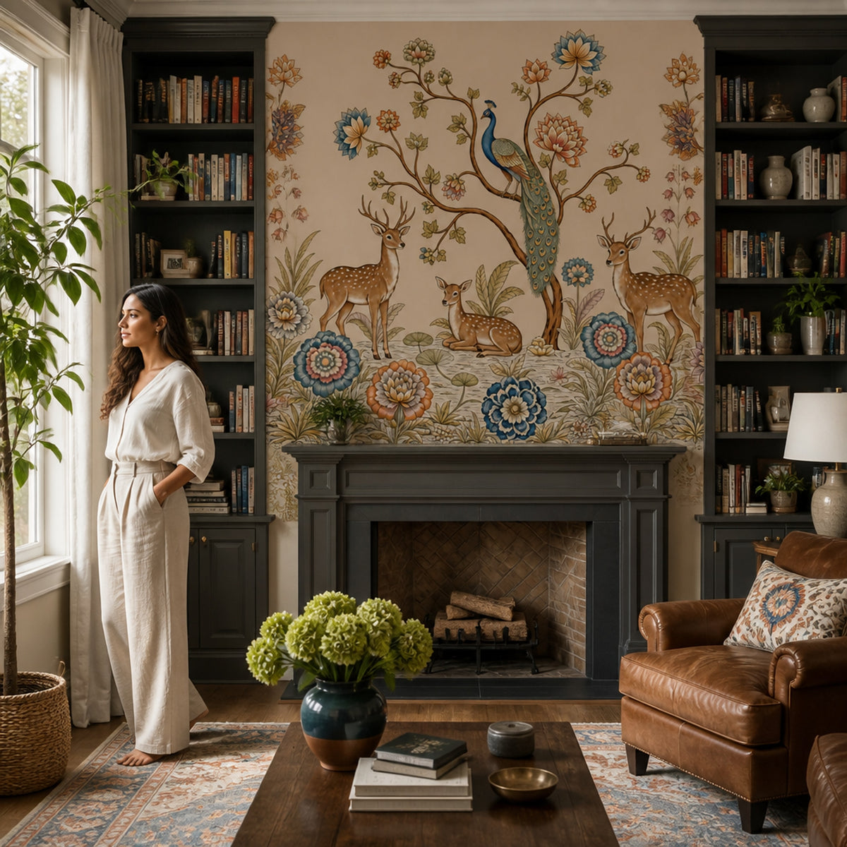 Peacock Wallpaper Deer Removable Chinoiserie Wall Decor