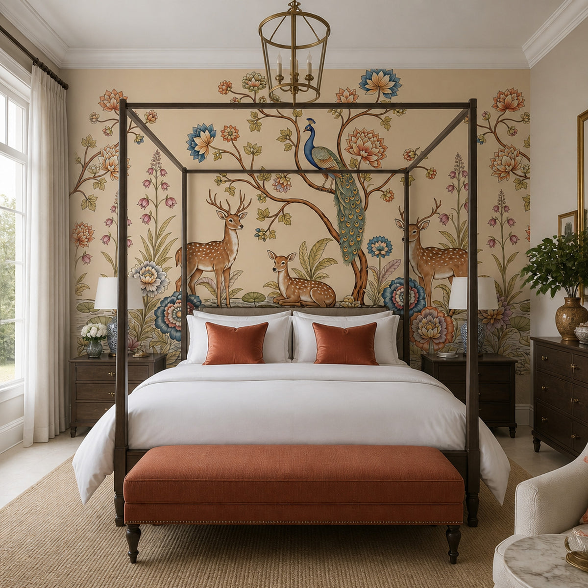 Peacock Wallpaper Deer Removable Chinoiserie Wall Decor
