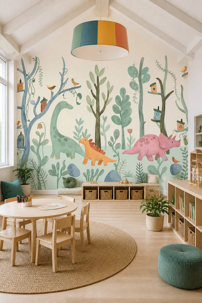 Whimsical Forest Wallpaper Enchanted Woodland Removable Dinosaur Wall Decor