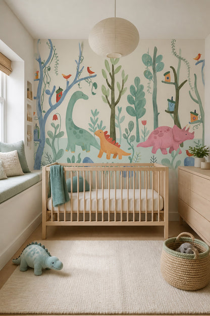Whimsical Forest Wallpaper Enchanted Woodland Removable Dinosaur Wall Decor