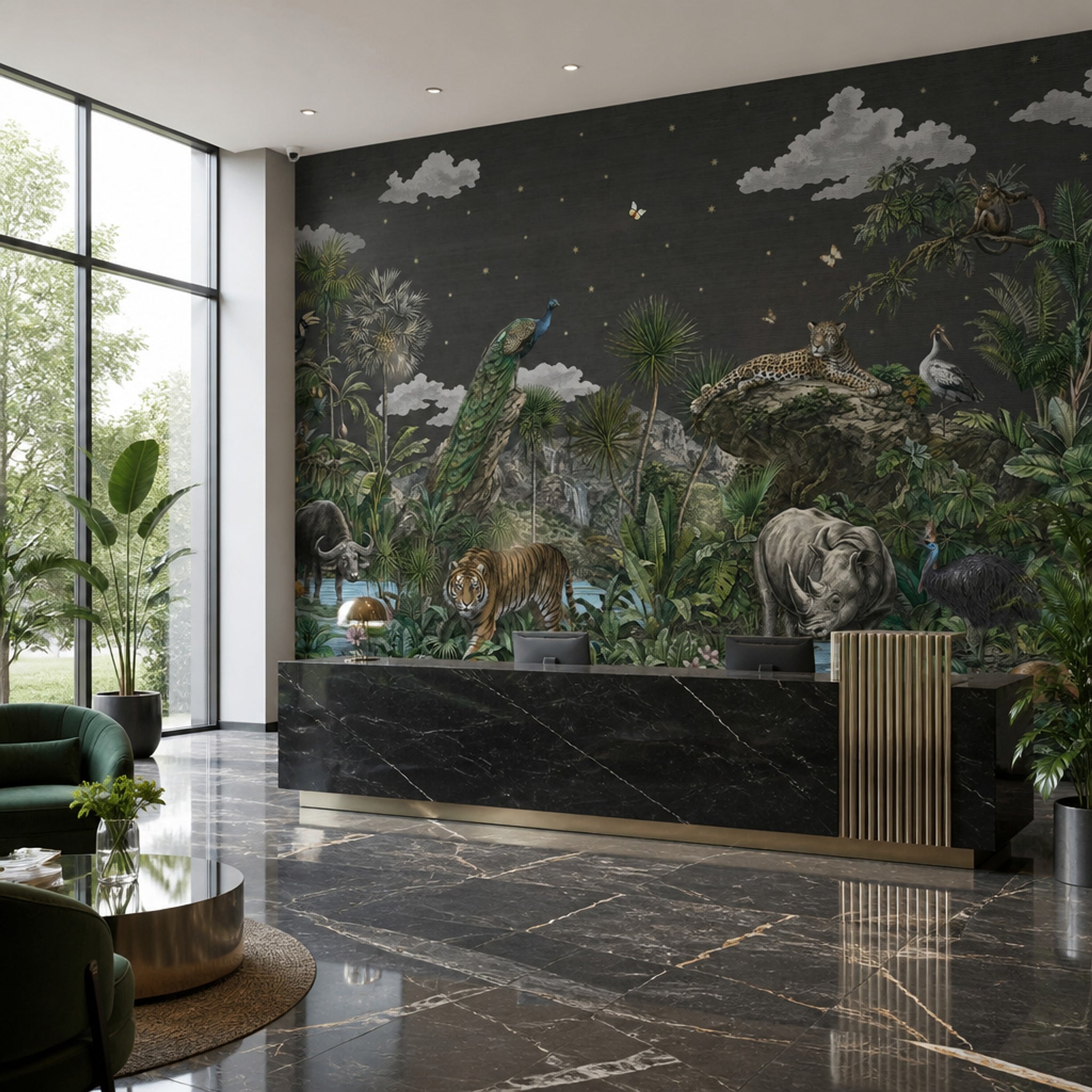 Dark Tropical Jungle Wallpaper Wild Animals Botanical Landscape Removable Wall Decor