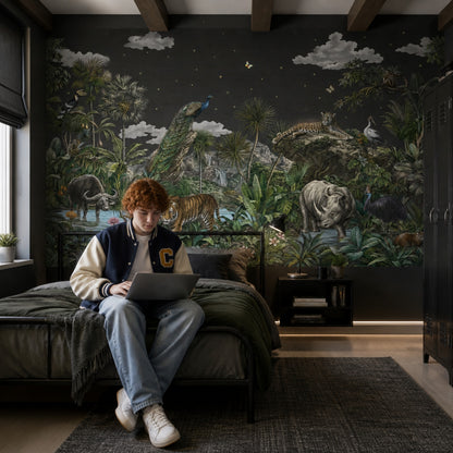 Dark Tropical Jungle Wallpaper Wild Animals Botanical Landscape Removable Wall Decor