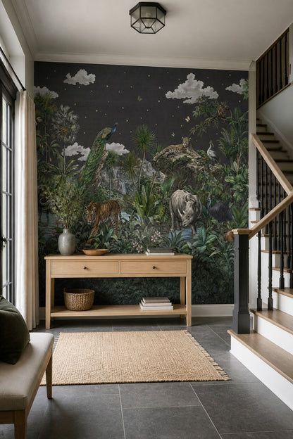 Dark Tropical Jungle Wallpaper Wild Animals Botanical Landscape Removable Wall Decor