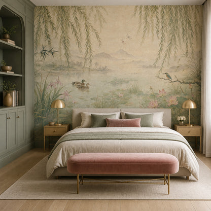 Willow Wallpaper Pond Lotus Wall Mural