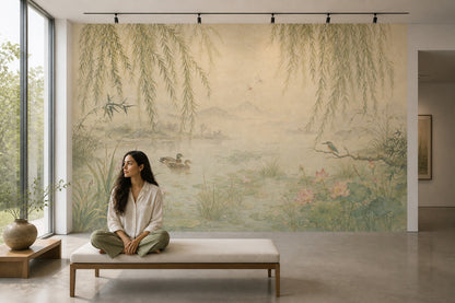Willow Wallpaper Pond Lotus Wall Mural