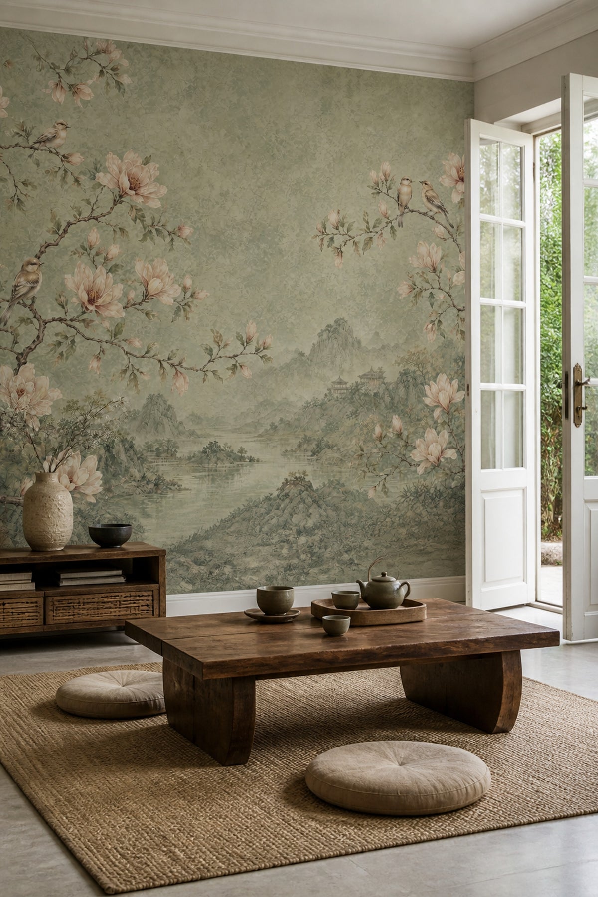 Muted Green Wallpaper Scenic Landscape Removable Wall Decor