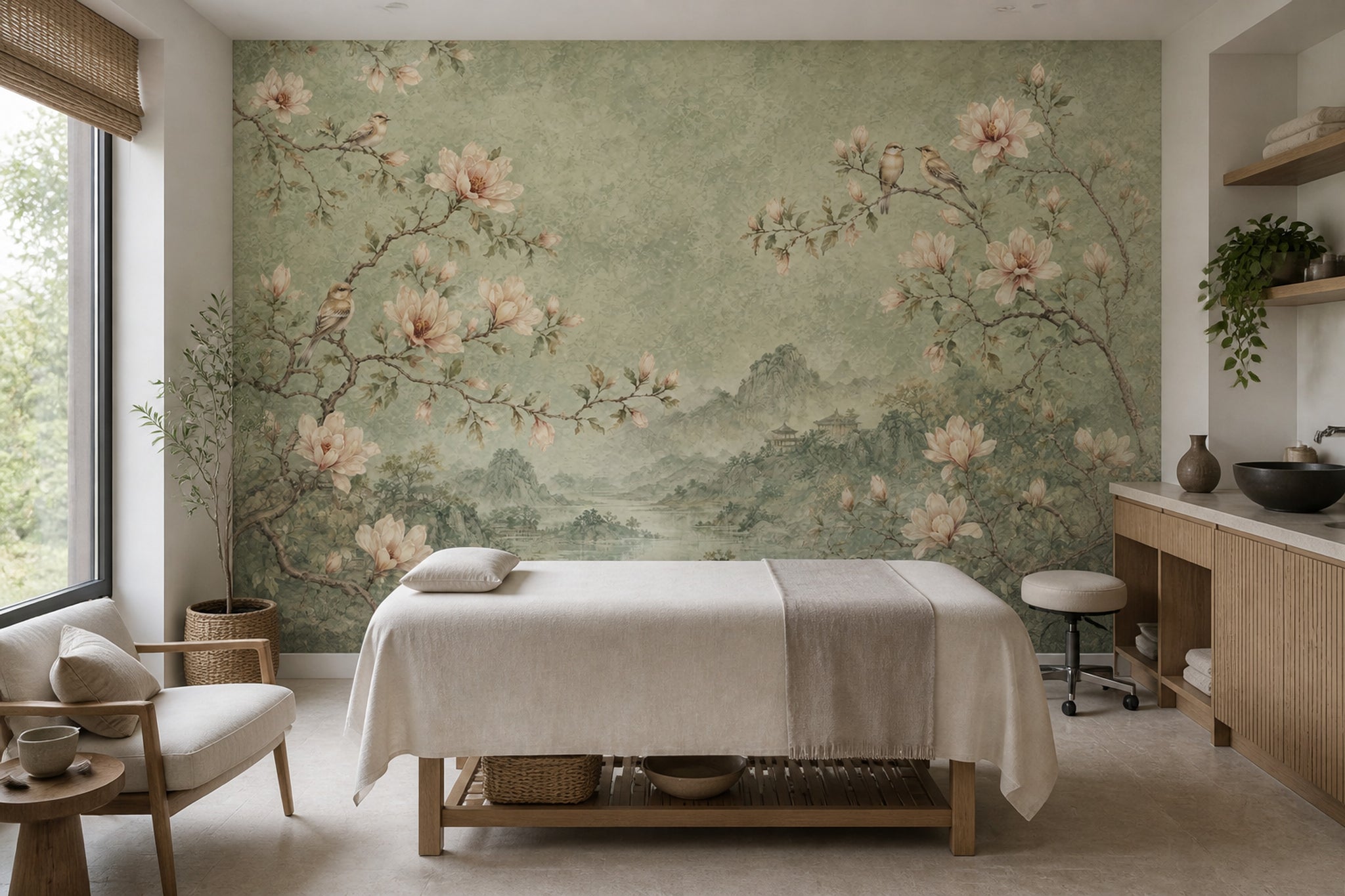 Muted Green Wallpaper Scenic Landscape Removable Wall Decor