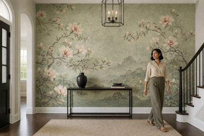 Muted Green Wallpaper Scenic Landscape Removable Wall Decor