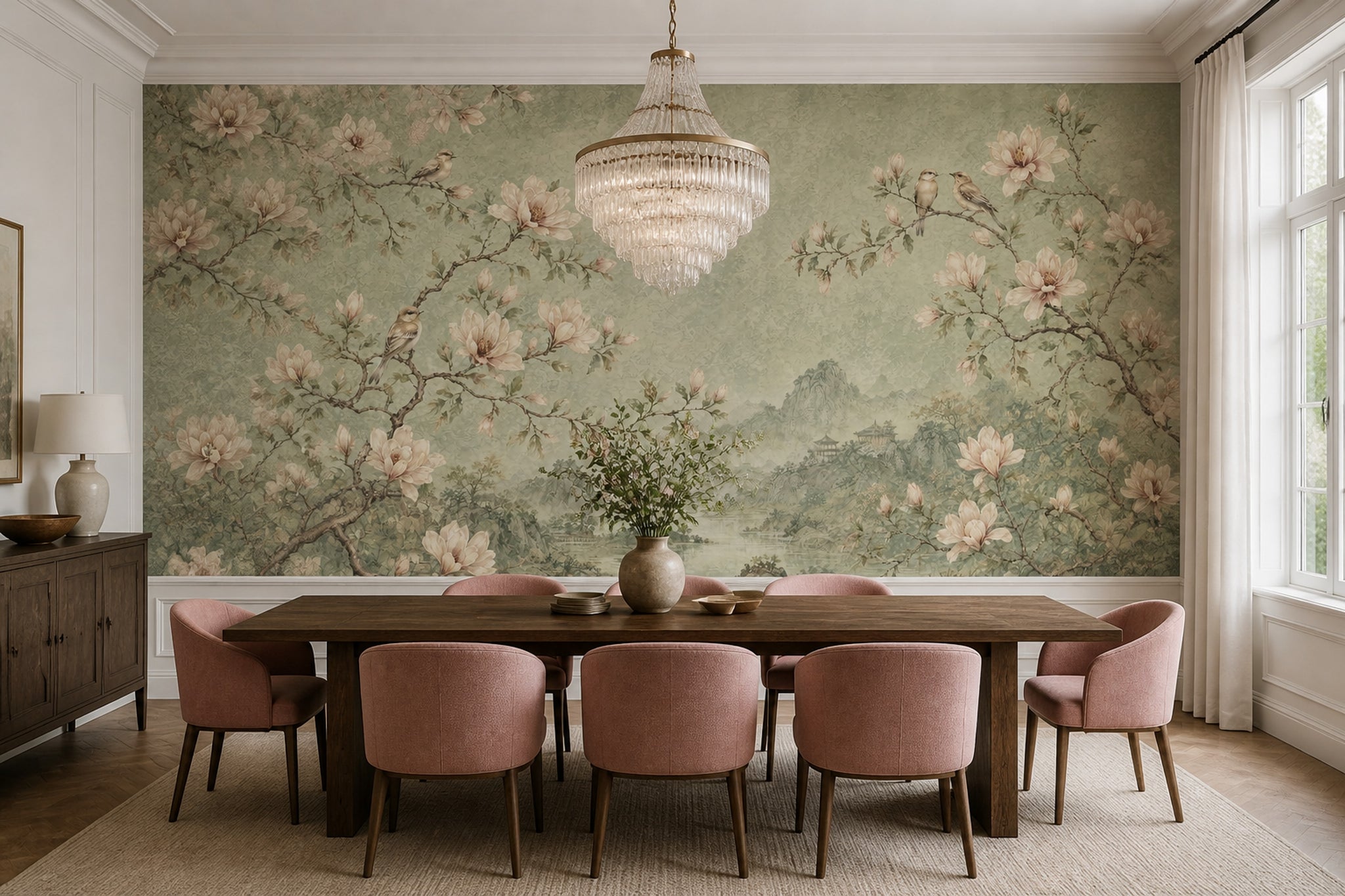 Muted Green Wallpaper Scenic Landscape Removable Wall Decor