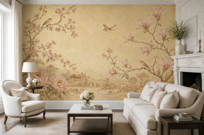 Muted Green Wallpaper Scenic Landscape Chinoiserie Wall Mural