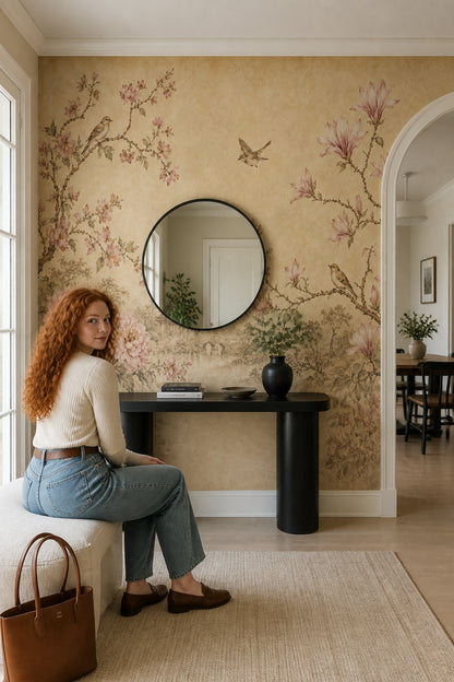 Muted Green Wallpaper Scenic Landscape Chinoiserie Wall Mural
