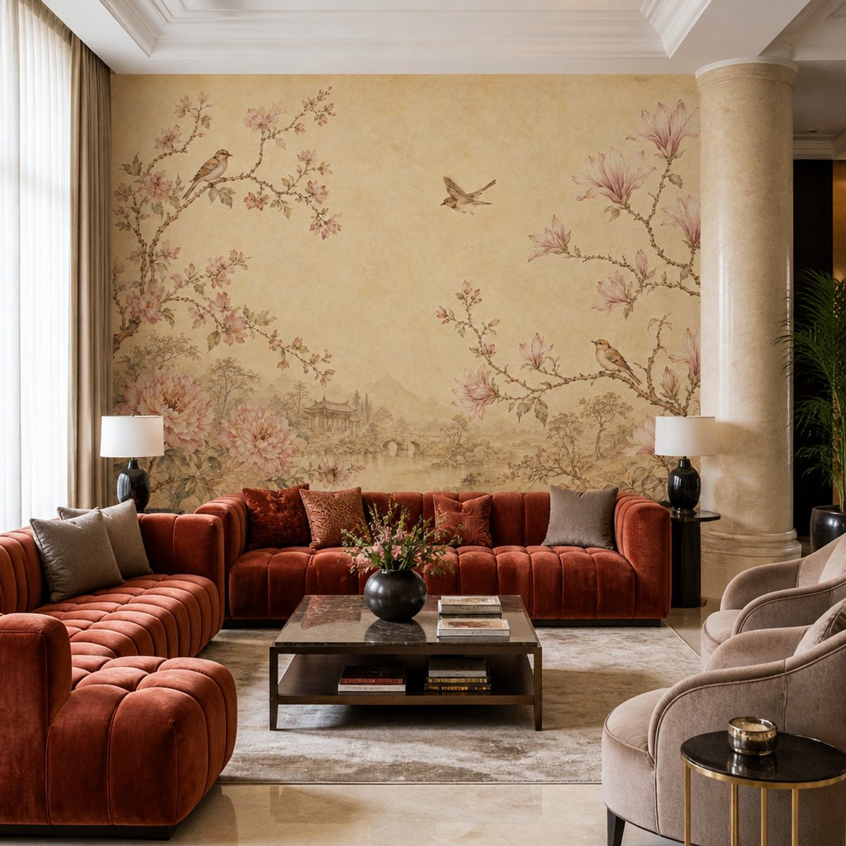 Muted Green Wallpaper Scenic Landscape Chinoiserie Wall Mural