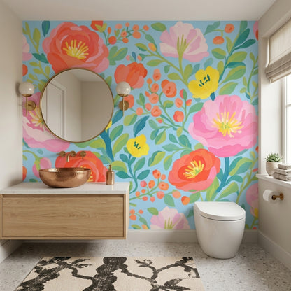 Bright Floral Wallpaper Light Blue Background Painted Flowers Removable Wall Decor