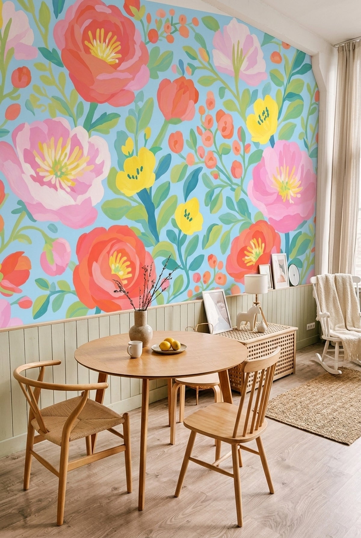 Bright Floral Wallpaper Light Blue Background Painted Flowers Removable Wall Decor