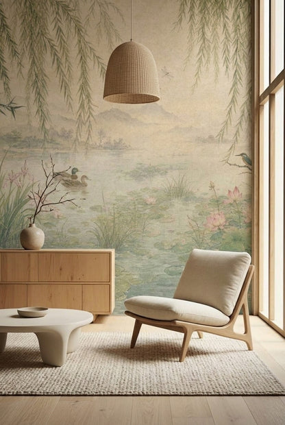 Willow Wallpaper Pond Lotus Wall Mural