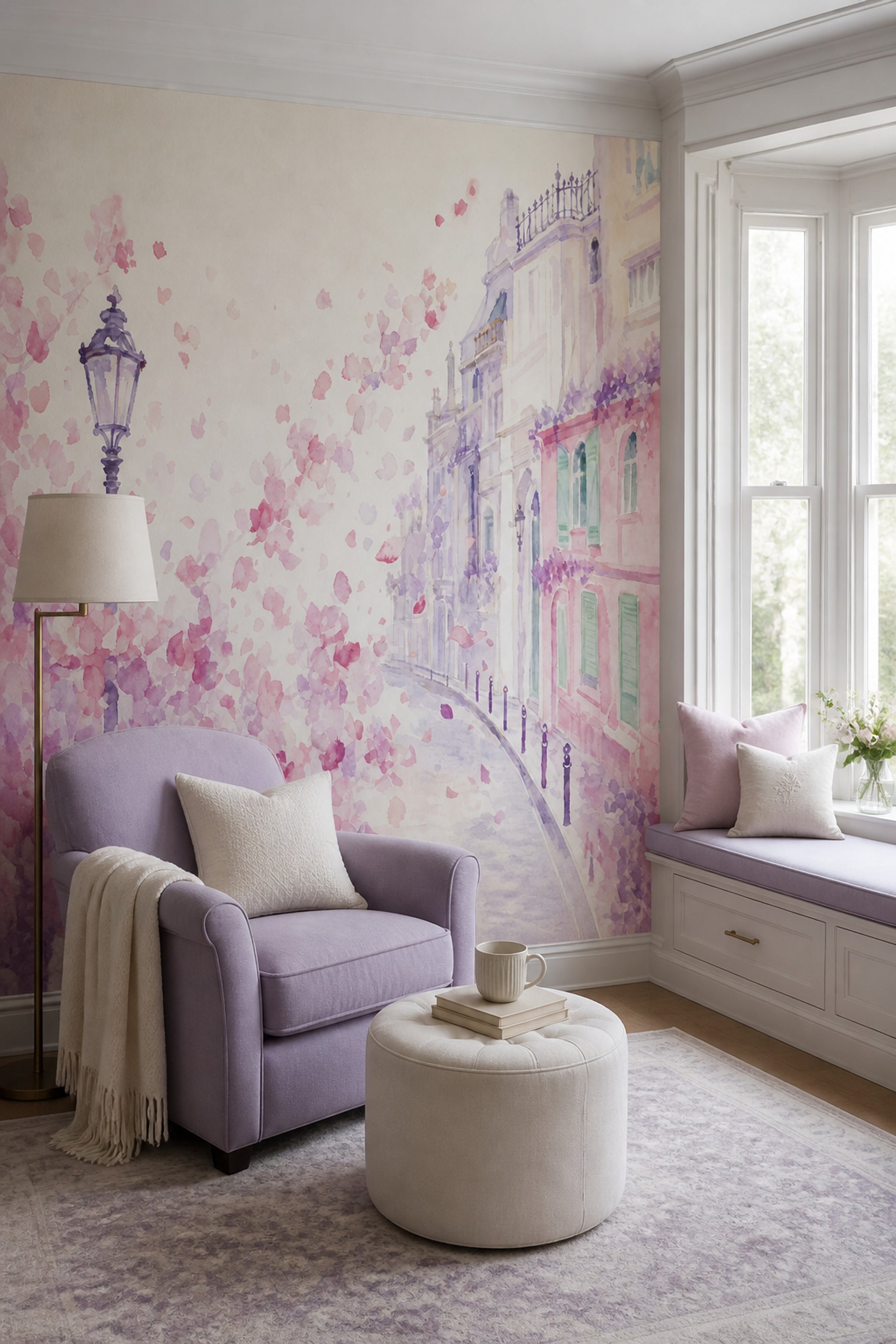 Paris Street Wallpaper Watercolor Pink Blossoms Wall Mural