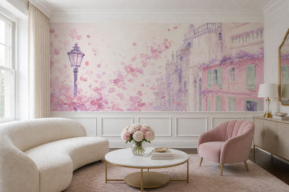 Paris Street Wallpaper Watercolor Pink Blossoms Wall Mural