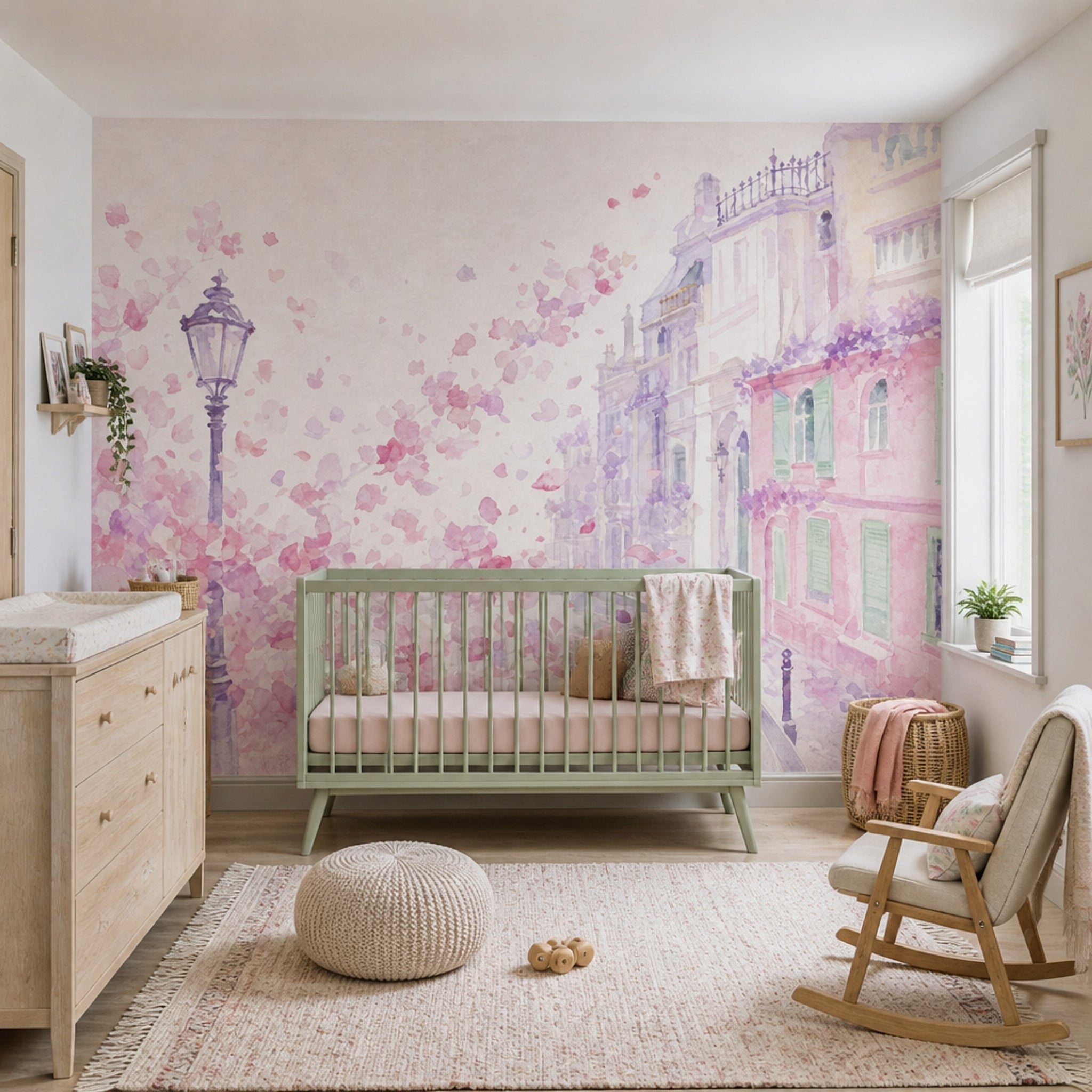 Paris Street Wallpaper Watercolor Pink Blossoms Wall Mural