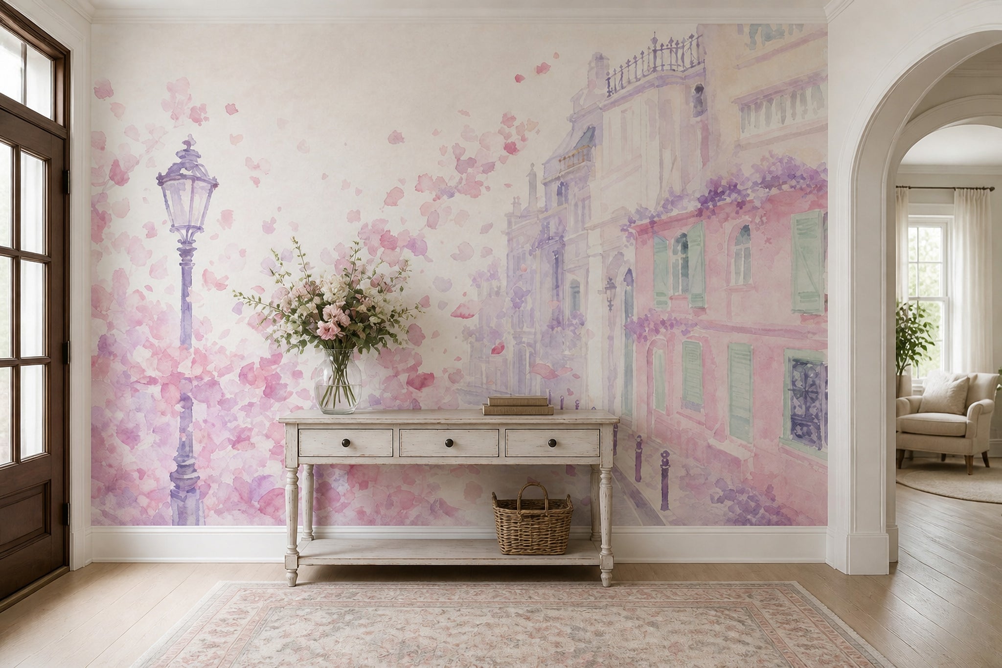 Paris Street Wallpaper Watercolor Pink Blossoms Wall Mural
