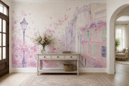 Paris Street Wallpaper Watercolor Pink Blossoms Wall Mural
