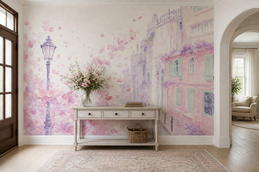 Paris Street Wallpaper Watercolor Pink Blossoms Wall Mural