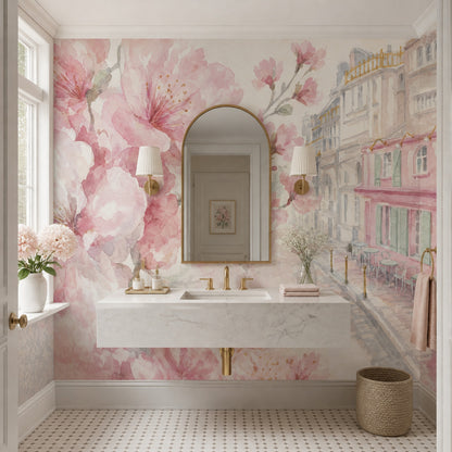 Pink Cherry Wallpaper Muted Green Removable Wall Decor