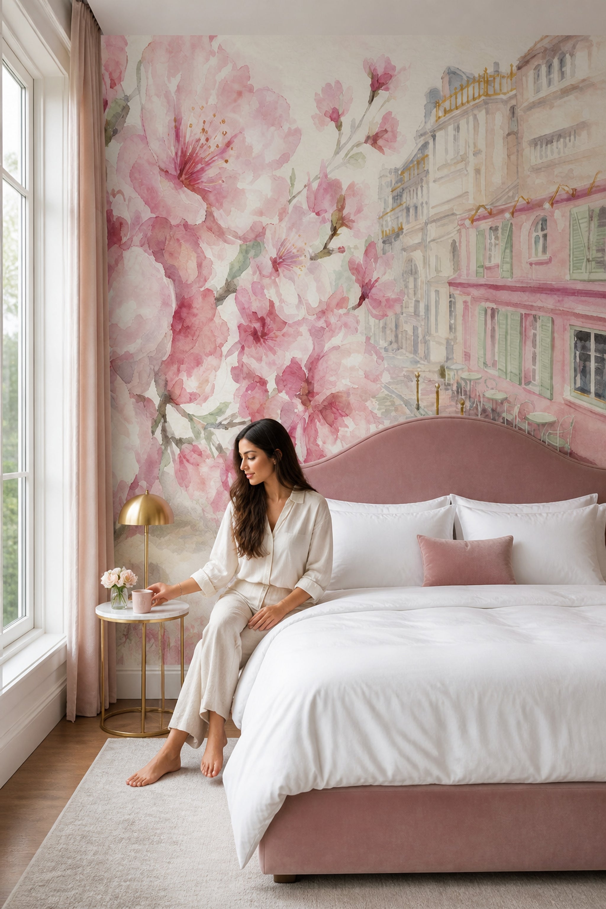 Pink Cherry Wallpaper Muted Green Removable Wall Decor
