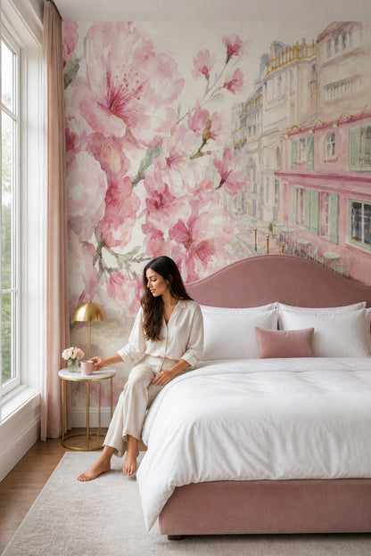 Pink Cherry Wallpaper Muted Green Removable Wall Decor
