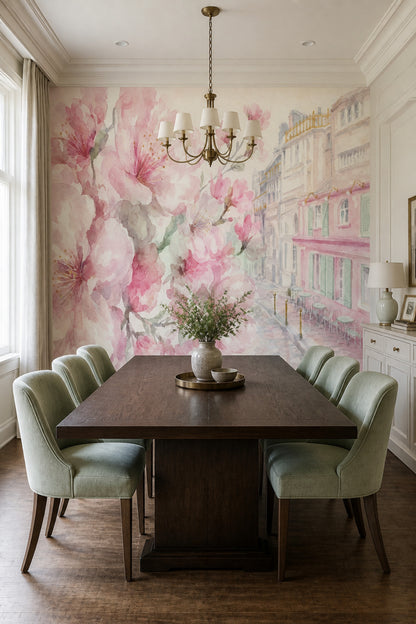 Pink Cherry Wallpaper Muted Green Removable Wall Decor