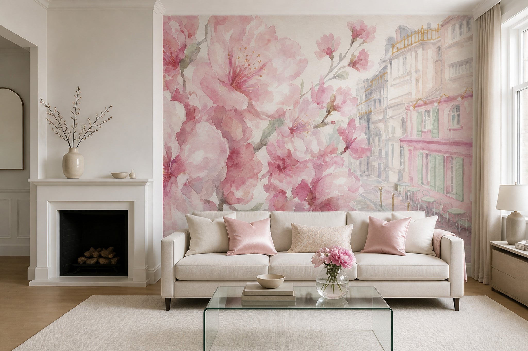 Pink Cherry Wallpaper Muted Green Removable Wall Decor