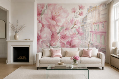 Pink Cherry Wallpaper Muted Green Removable Wall Decor