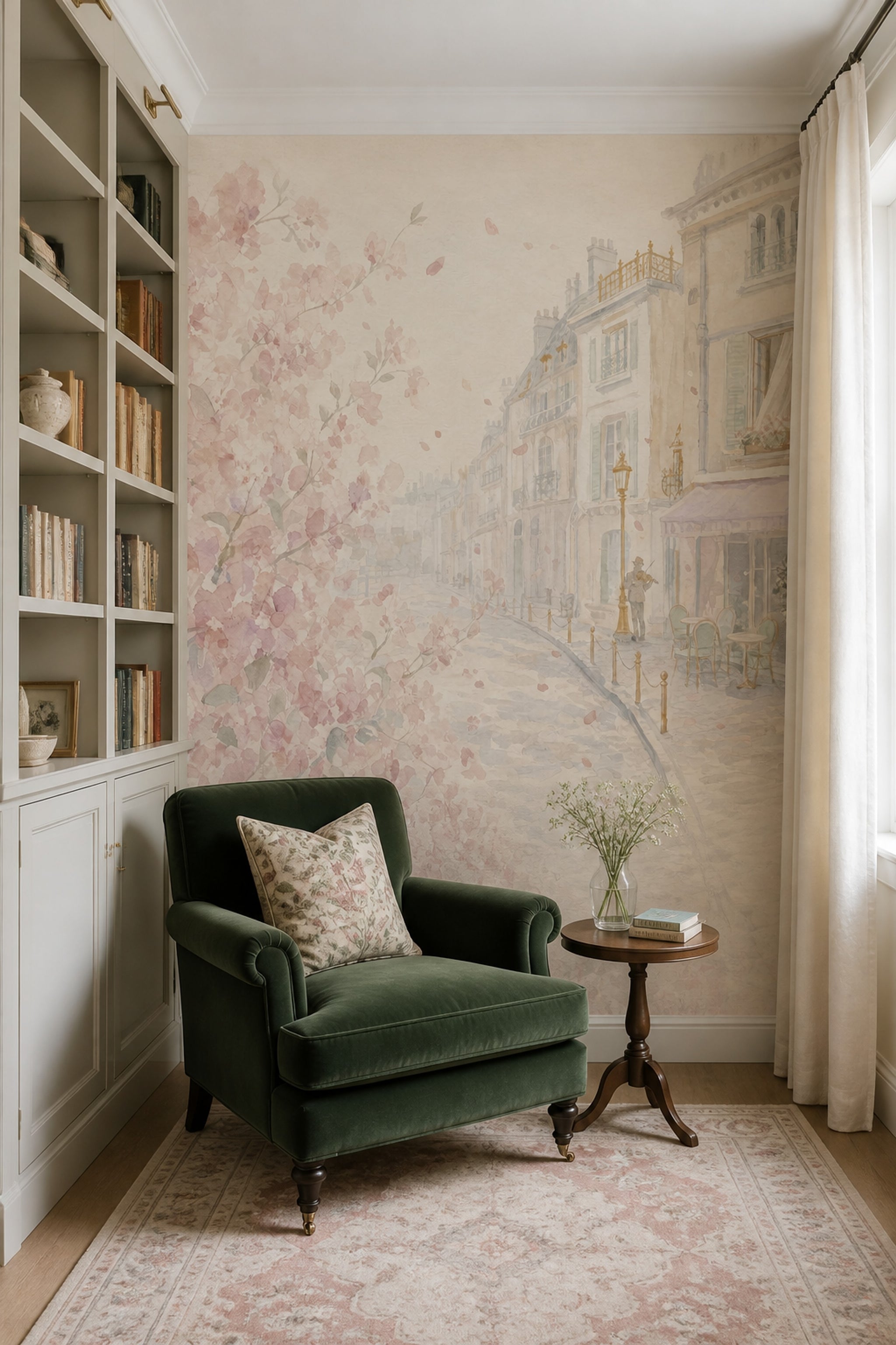 Pink Cherry Wallpaper Muted Green Paris Street Wall Mural