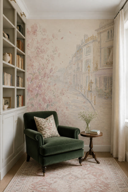 Pink Cherry Wallpaper Muted Green Paris Street Wall Mural