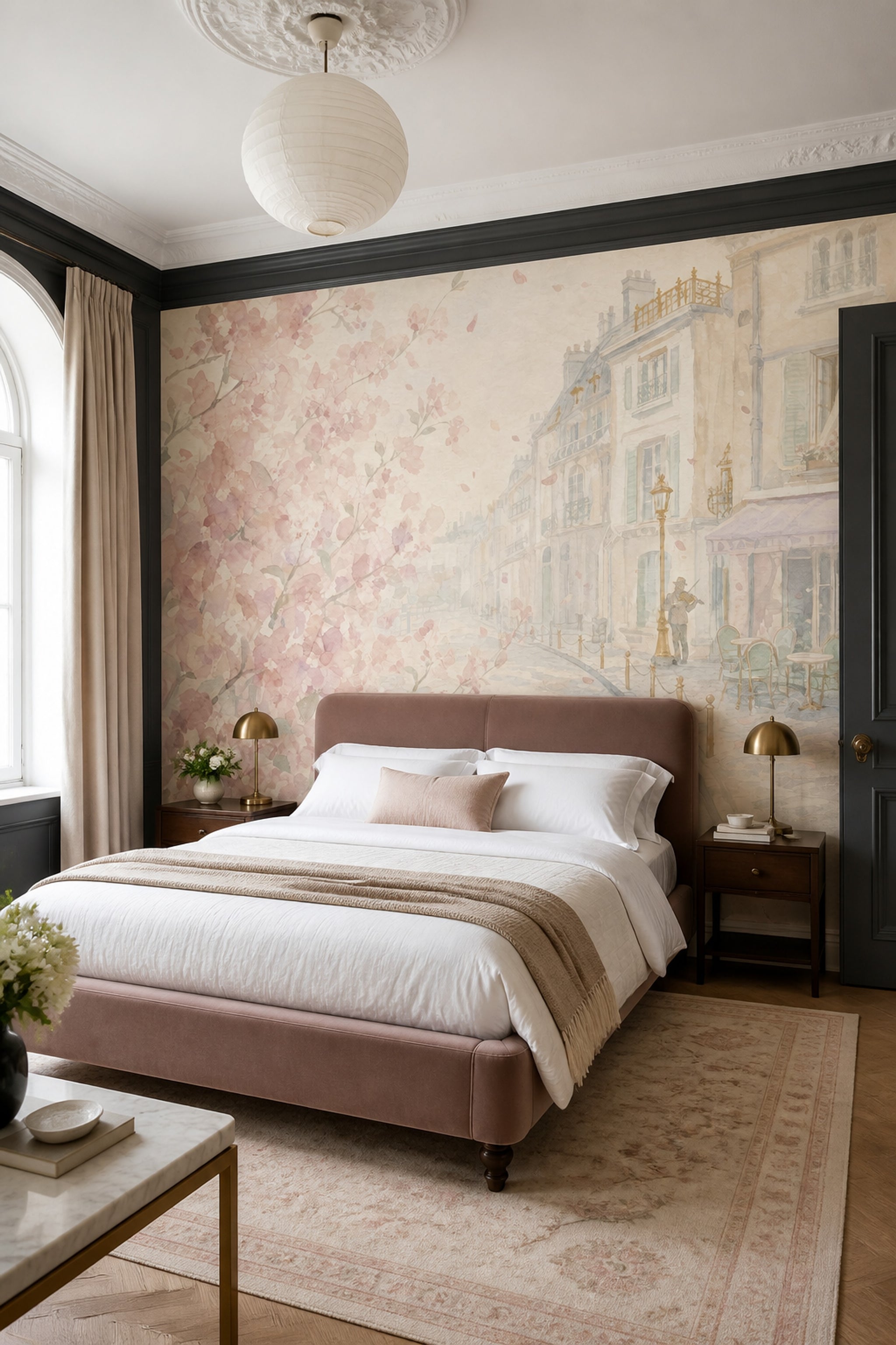 Pink Cherry Wallpaper Muted Green Paris Street Wall Mural