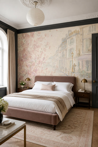 Pink Cherry Wallpaper Muted Green Paris Street Wall Mural