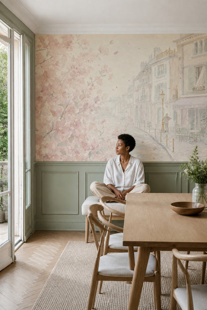Pink Cherry Wallpaper Muted Green Paris Street Wall Mural