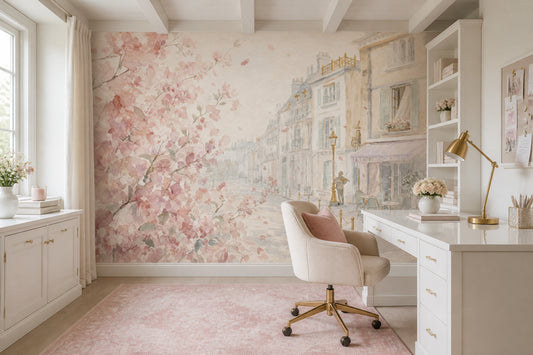 Pink Cherry Wallpaper Muted Green Paris Street Wall Mural