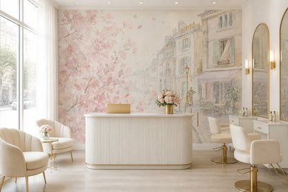 Pink Cherry Wallpaper Muted Green Paris Street Wall Mural