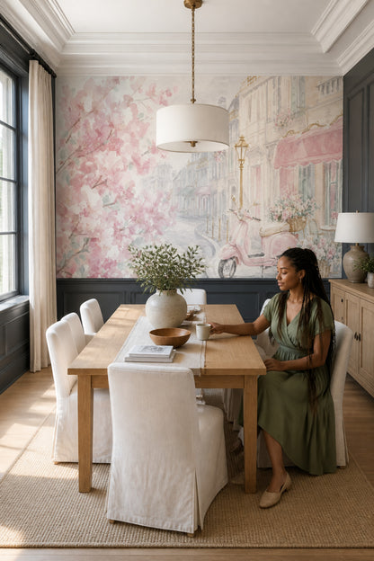 Pink Cherry Wallpaper Muted Green Removable Paris Wall Decor