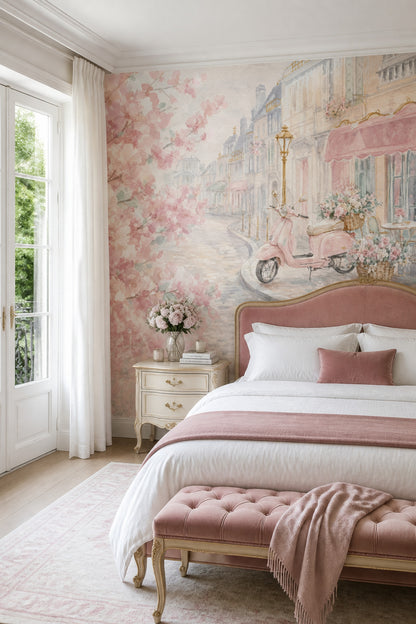 Pink Cherry Wallpaper Muted Green Removable Paris Wall Decor