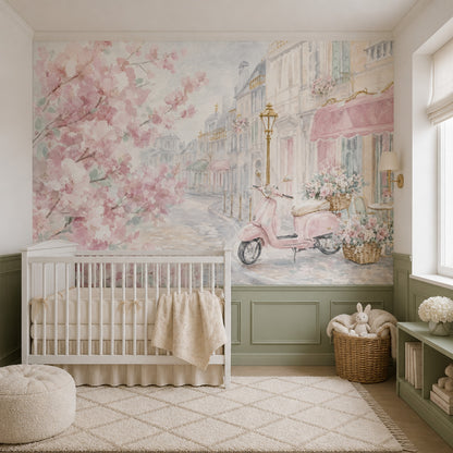 Pink Cherry Wallpaper Muted Green Removable Paris Wall Decor