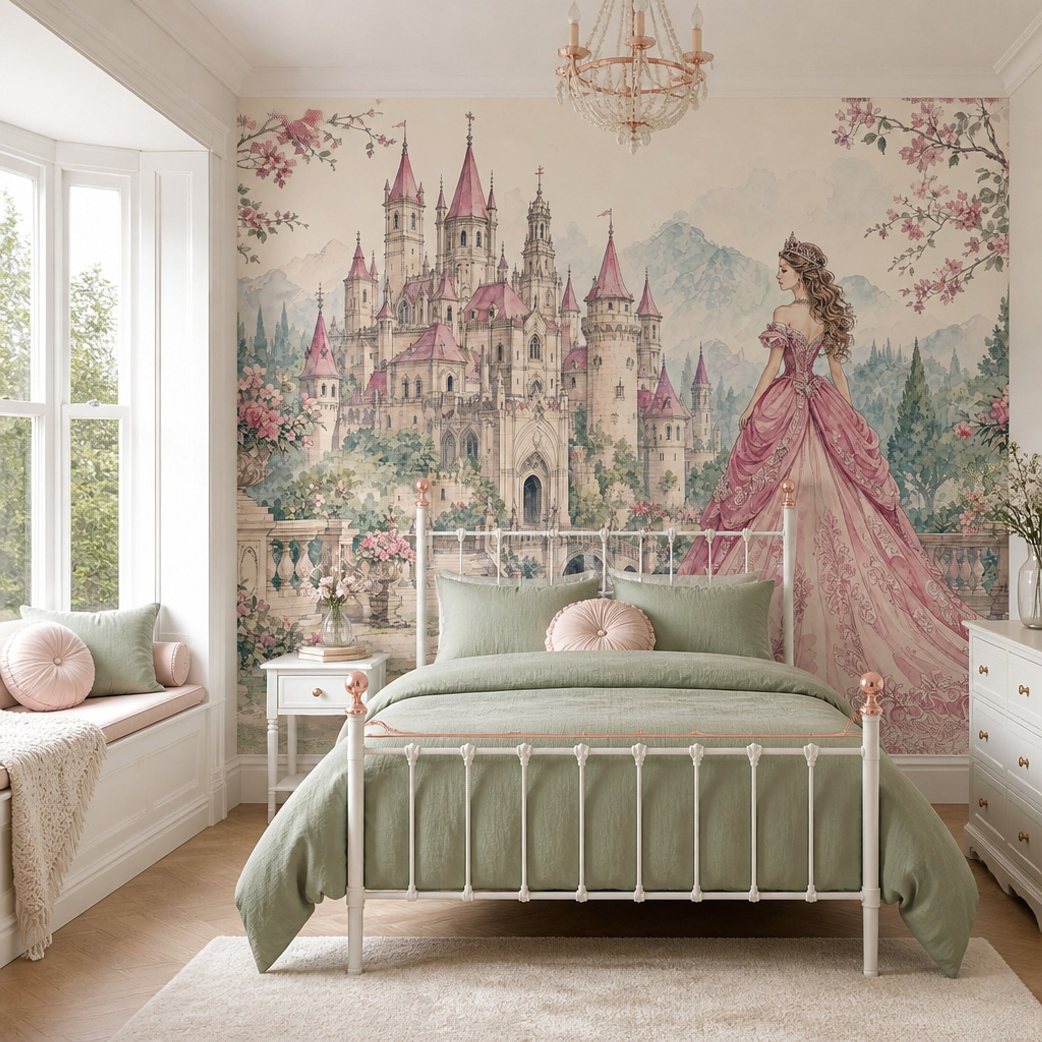 Muted Green Wallpaper Fairytale Princess Wall Mural