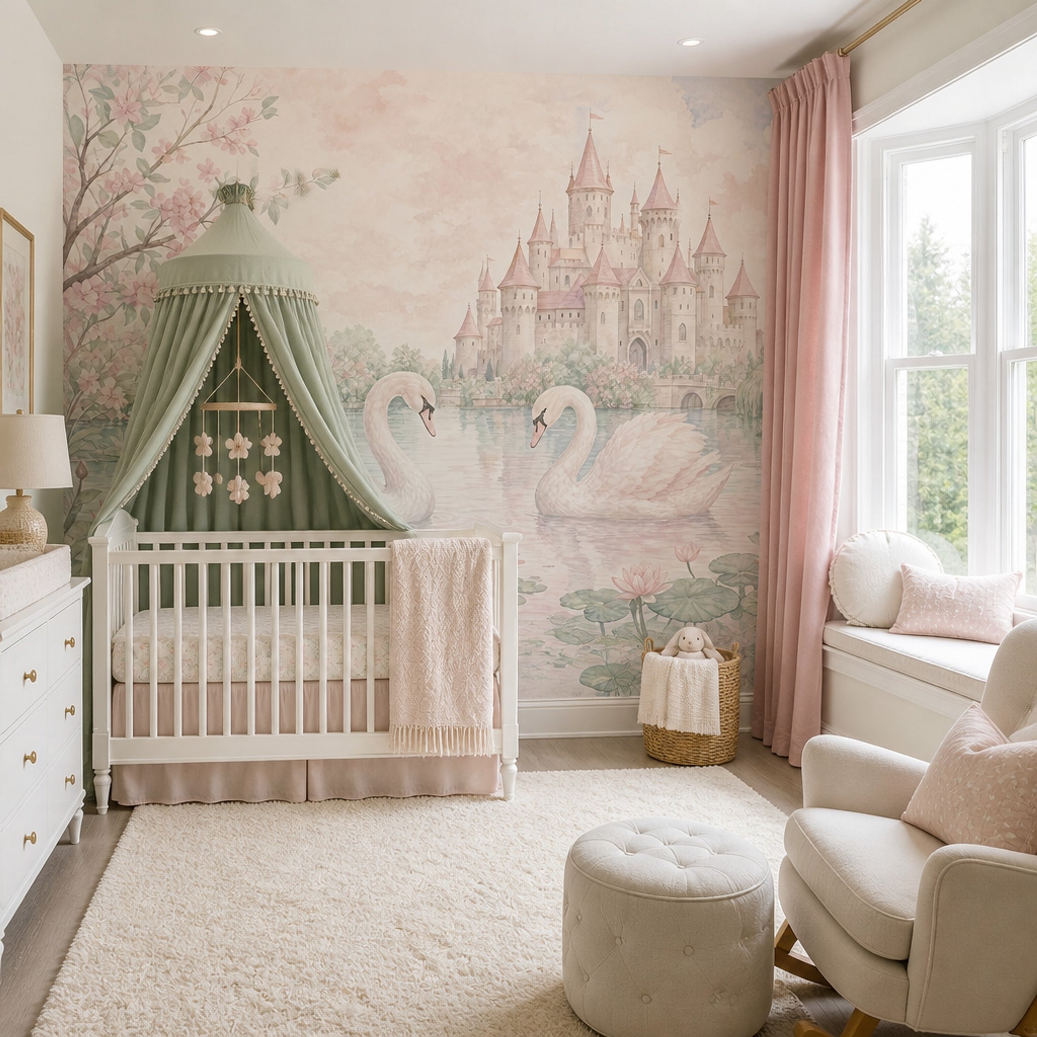 Fairy Tale Castle Wallpaper Swans Watercolor Removable Wall Decor