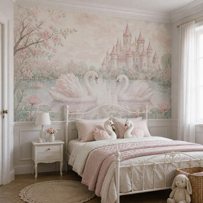 Fairy Tale Castle Wallpaper Swans Watercolor Removable Wall Decor