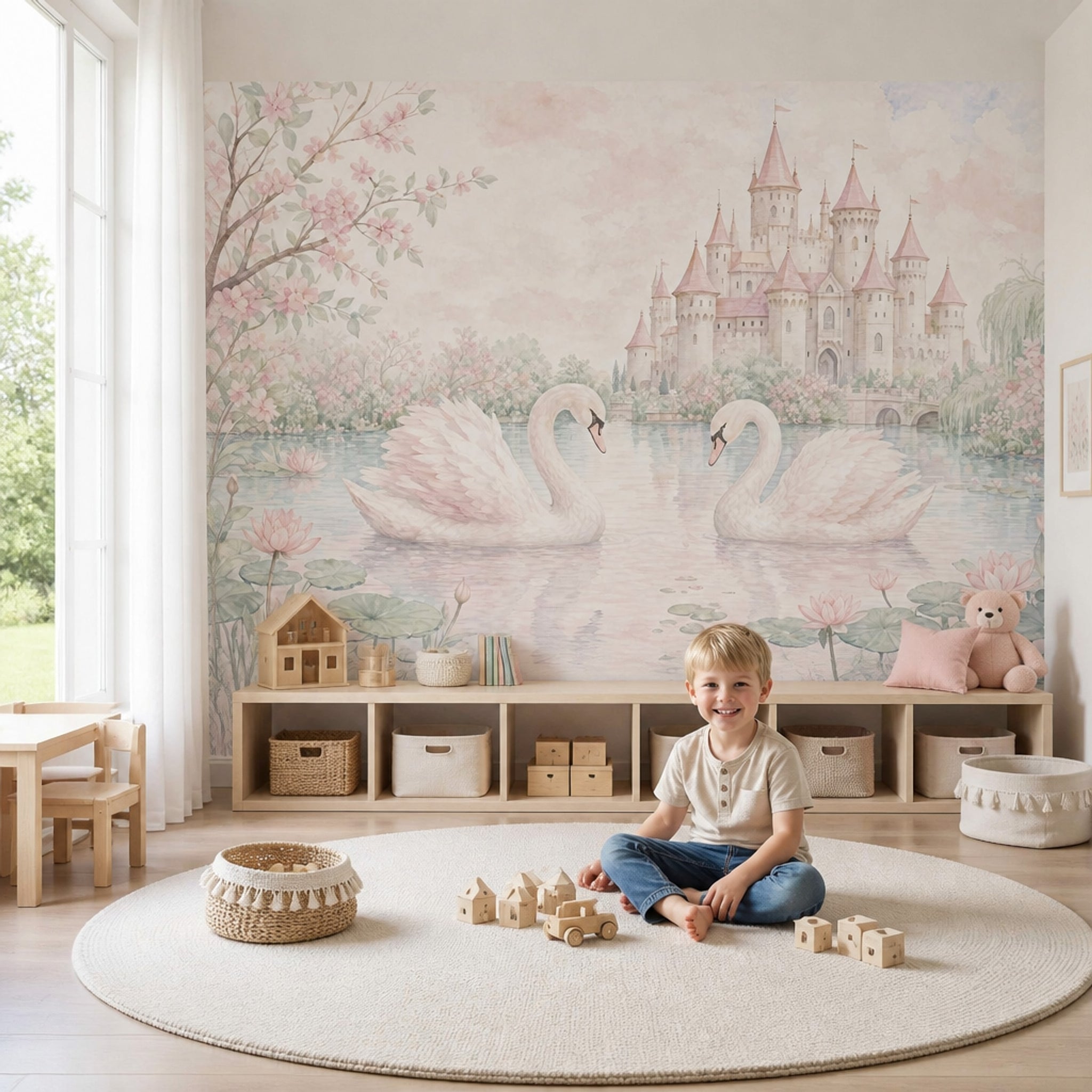 Fairy Tale Castle Wallpaper Swans Watercolor Removable Wall Decor
