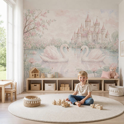 Fairy Tale Castle Wallpaper Swans Watercolor Removable Wall Decor