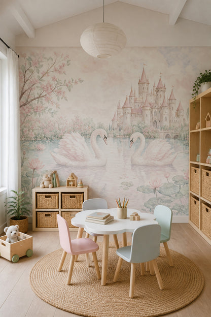 Fairy Tale Castle Wallpaper Swans Watercolor Removable Wall Decor