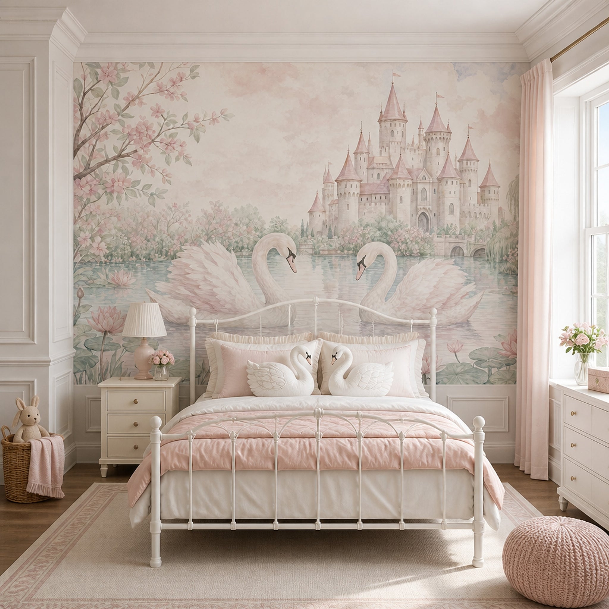 Fairy Tale Castle Wallpaper Swans Watercolor Removable Wall Decor