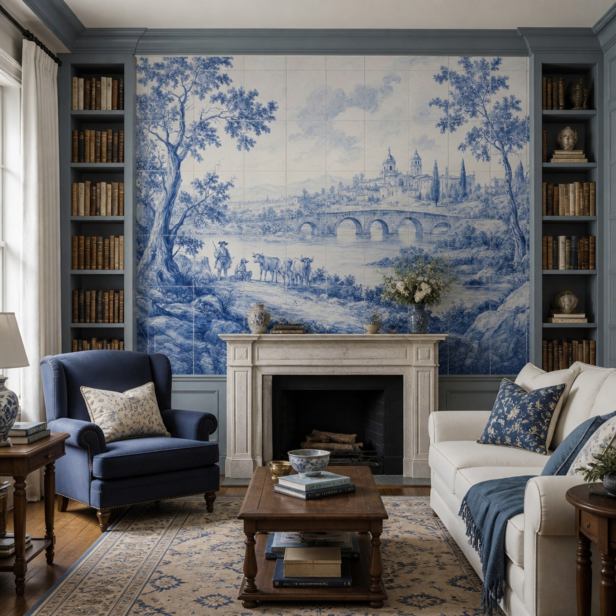 Delft Style Wallpaper Tile Mural Removable Pastoral Landscape Wall Decor