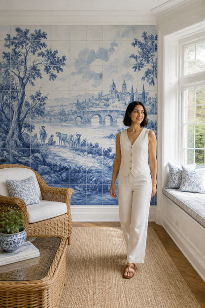 Delft Style Wallpaper Tile Mural Removable Pastoral Landscape Wall Decor